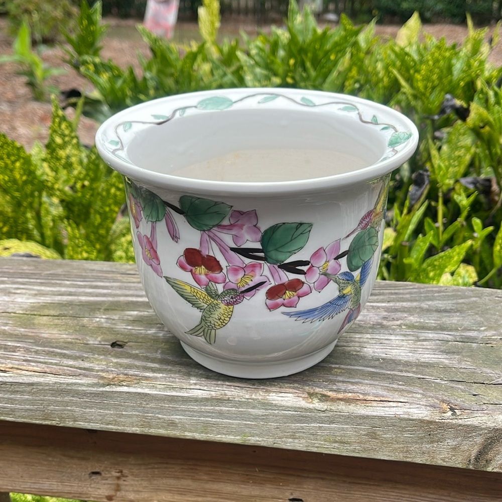 Vintage Chinoiserie Hummingbird Fishbowl Planter